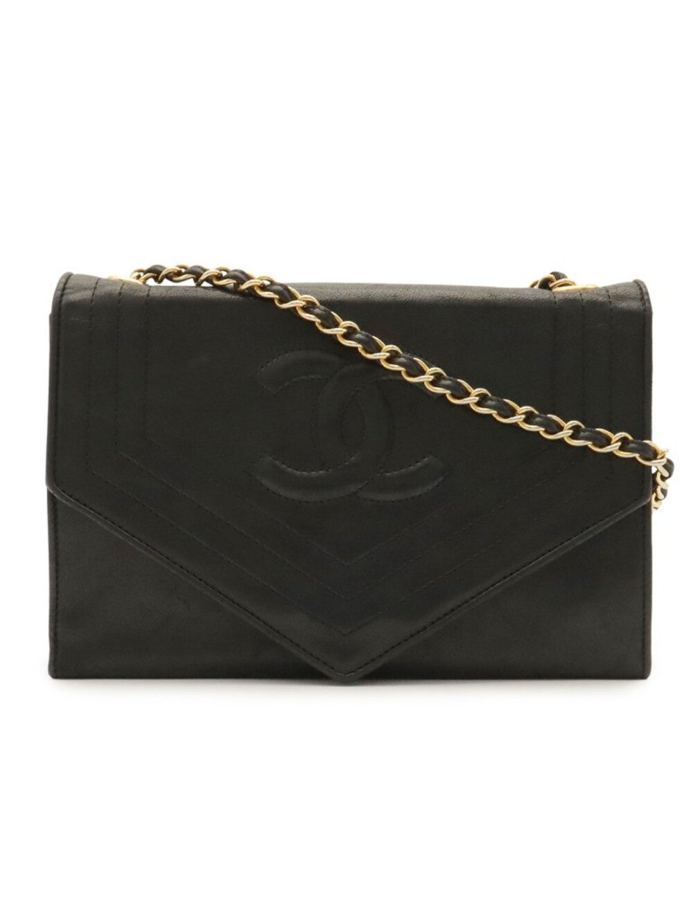 Chanel CC Logo Chain Shoulder Bag Pochette Leather Black Gold